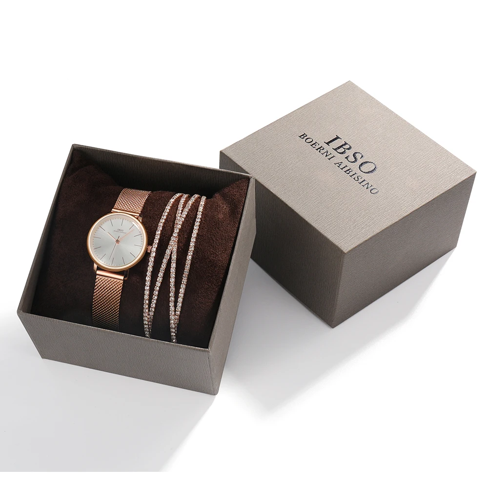 IBSO, женские часы, набор, 8 мм, ультра тонкий, розовое золото, сетка, нержавеющая сталь, ремешок, кварцевые часы, набор часов, для девушек, Relogio Masculino - Цвет: 3626 set 3