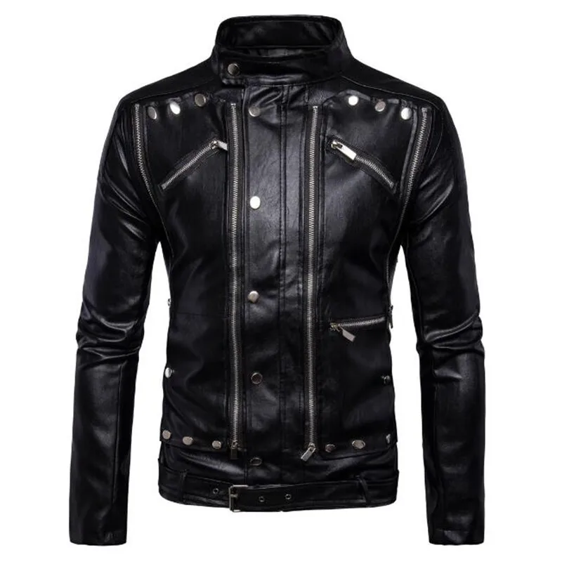 

Mens Leather Jacket Winter Vintage Punk Male Leather Coat Black Slim Stand Collar Fashion Plus Size 5XL veste cuir homme Outwear