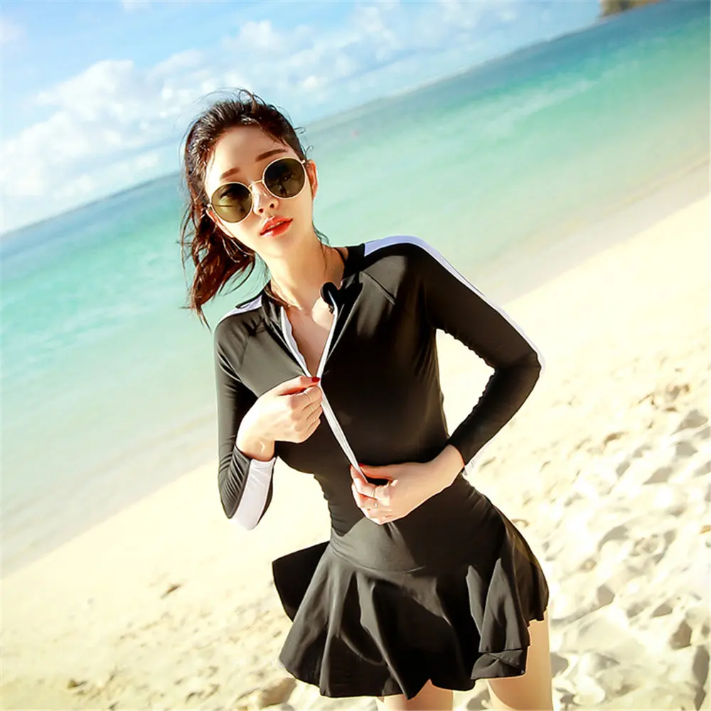 long sleeve one piece swimsuit women skirted rash