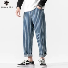 Aolamegs Jeans Men Japanese Retro Striped Print Denim Pants Harajuku Casual Loose Jeans Spring High Street Casual Streetwear