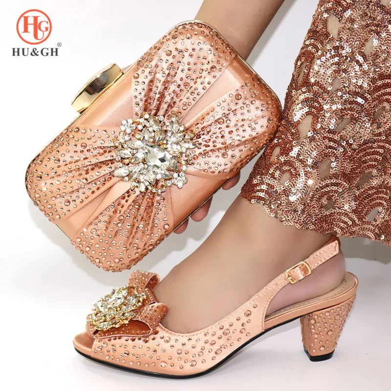 

New Arrival Italian Peach Shoe and Bag Set for Party In Women Luxury Shoes Women Designers Nigerian Women Party Pumps with Purse