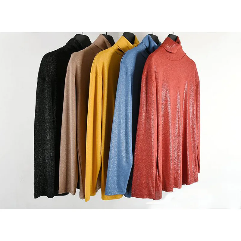 Johnature new turtleneck render shiner 5 colors tops women autumn winter new casual solid color all match loose T-Shirts