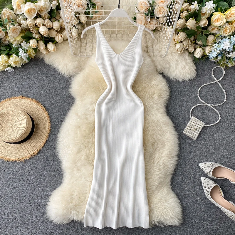 2020 sexy Slim v neck Knitted Midi Dress tank sundresss vestido de fiesta split Summer Party Women Casual Knee Length dress