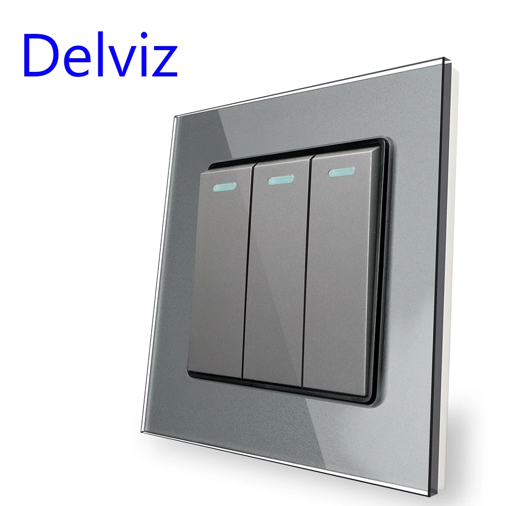 Delviz Toughened Glass Switch, Gray Crystal Panel 16A Wall Power Socket, AC 110V-250V 86mm*86mm, 1 Gang 2 Way Push Button Switch