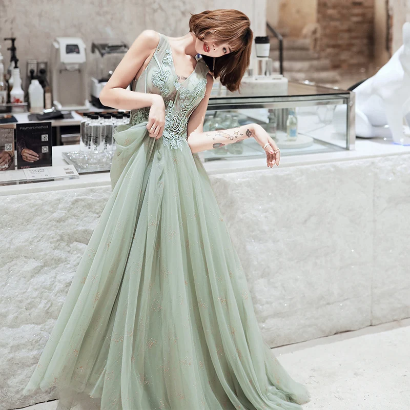

New Arrival Green Evening Dresses Long 2019 Sexy A Line V neck Sleeveless Formal Occasion Party Prom Dresses robe de soiree