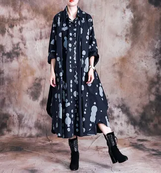 

Women Vintage Autumn Bat Sleeve Trench Coats Loose Black Irregular Printed Windbreaker