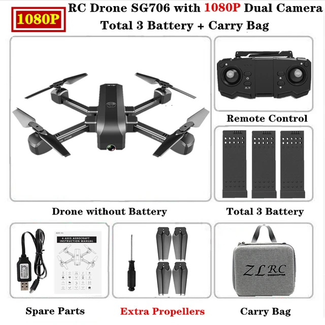 SG706 Дрон 4K HD WiFi FPV камера профессиональный селфи складной Квадрокоптер стабильная высота RC Вертолет VS KF607 XS809S XS816 GD89 - Цвет: 1080P-Carry Bag-3B