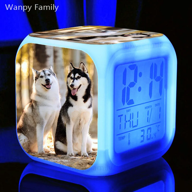 Забавный светодиодный Будильник для лица с изображением собаки, 7 цветов, светящийся цифровой будильник для детей, подарок, многофункциональные часы для вспышки