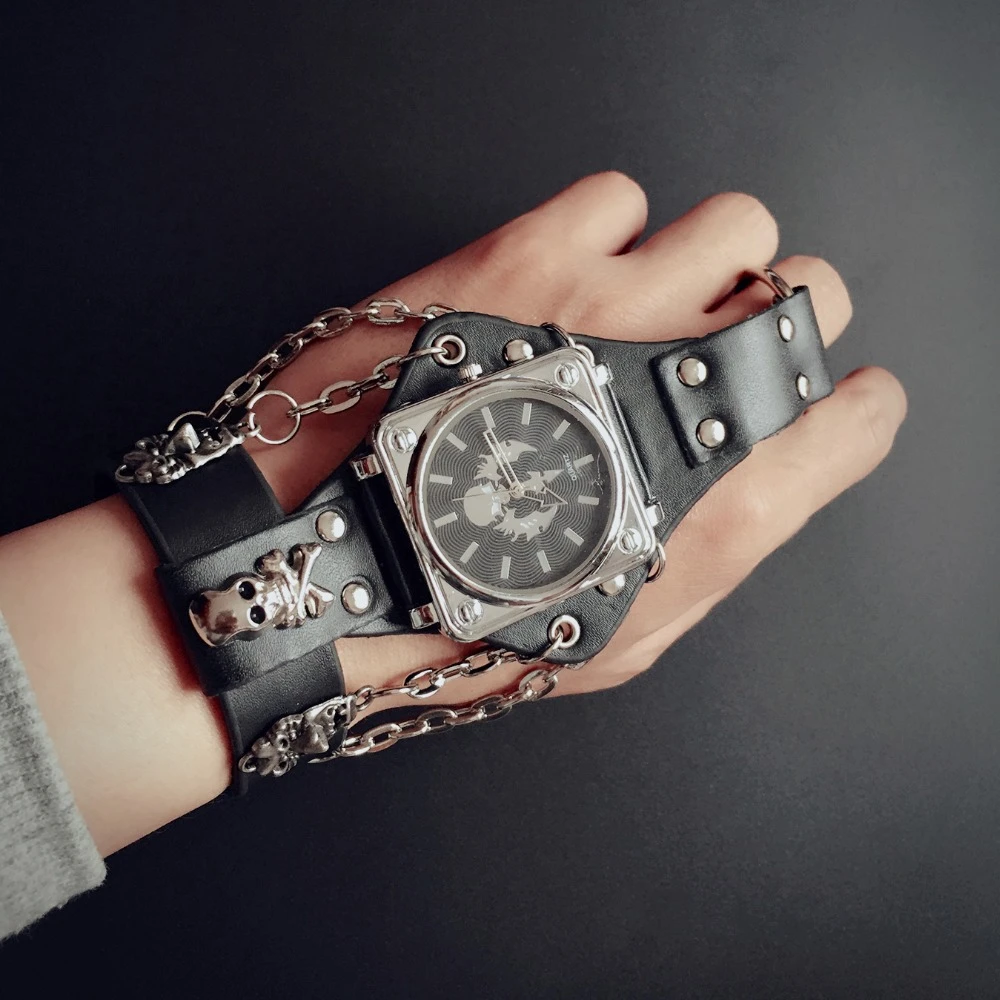 Reloj de pulsera de cuero negro para hombre, cronógrafo con correa ancha de 50mm, esfera Punk, Calavera, nuevo|Relojes deportivos| - AliExpress