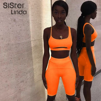 

Sisterlinda Neon Outfits Fitness Sexy Strapless Hollow Out Cropped Top 2Pieces Female Set Summer Elastic Skinny Shorts Tracksuit