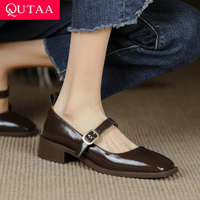 

QUTAA 2022 Spring Autumn Buckle Square Med Heel Shallow Women Shoes Mary Janes Square Toe All Match Ladies Pumps Size 34-41