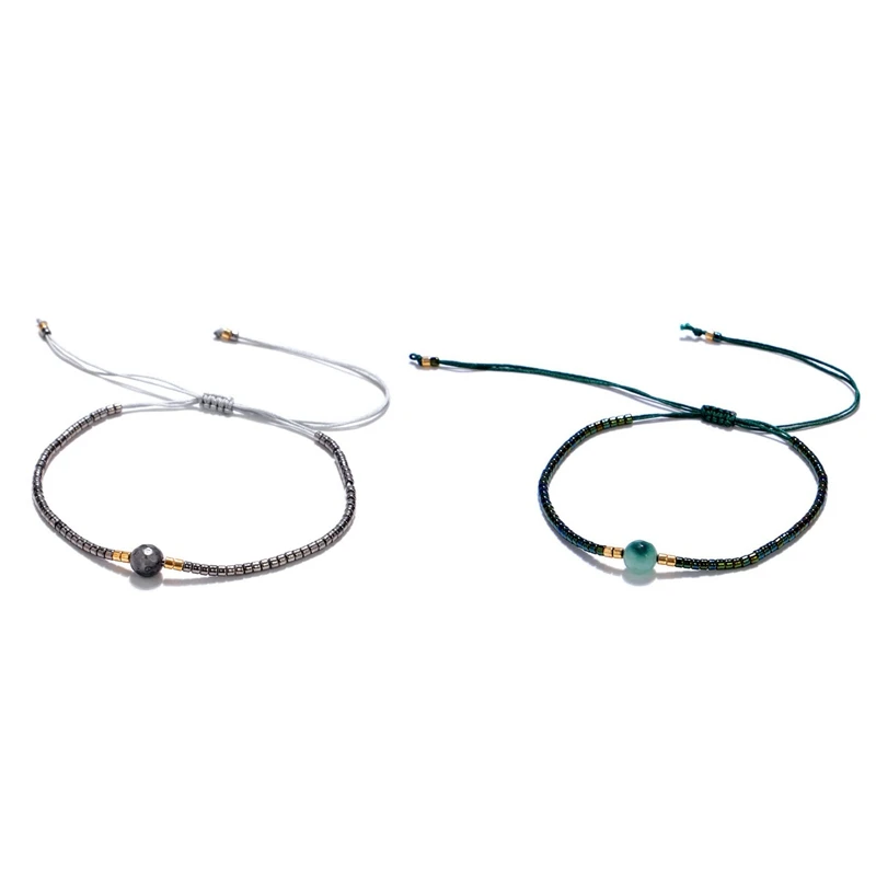 2 шт маленькие браслеты ручной работы из рисовых бусин, браслет из бисера, натуральные каменные бусины, ювелирные изделия, браслет дружбы серого и темно-зеленого цвета