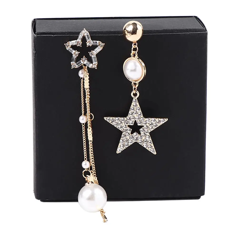 Trendy Crystal Star Stud Earrings Asymmetrical Imitation Pearl Long Tassel Dangle Girls Party Jewelry Gifts | Украшения и