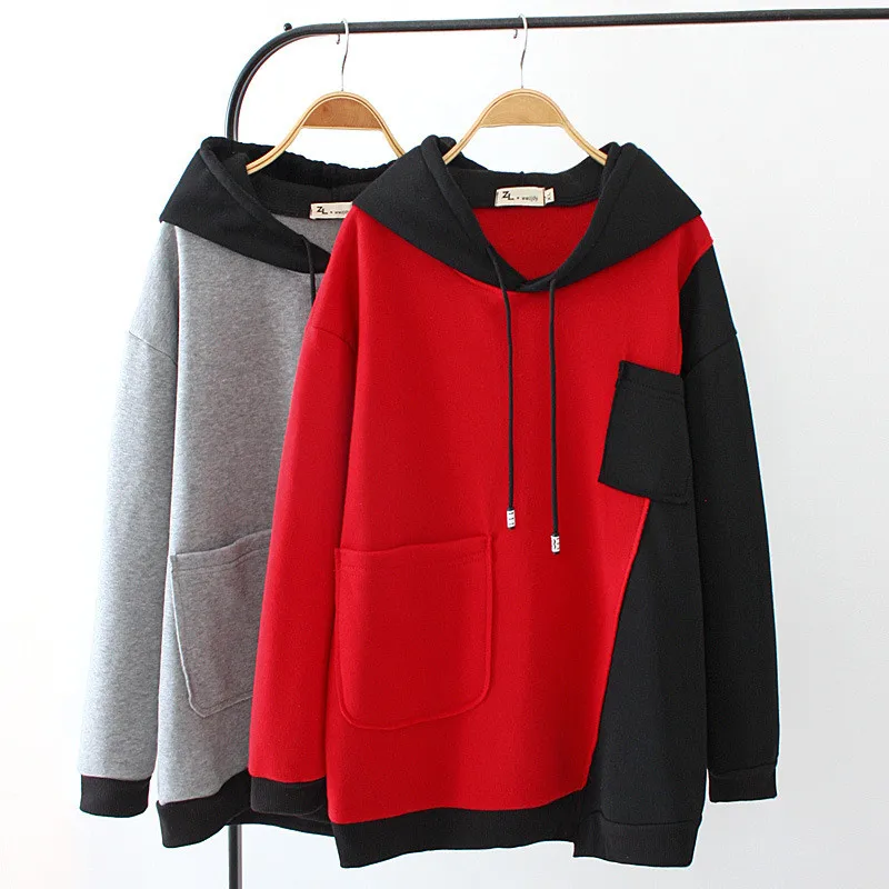  New Plus size 4XL Hooded Sweatshirts Women Autumn Winter Fleece Thicken Splice Tracksuits Pullover 