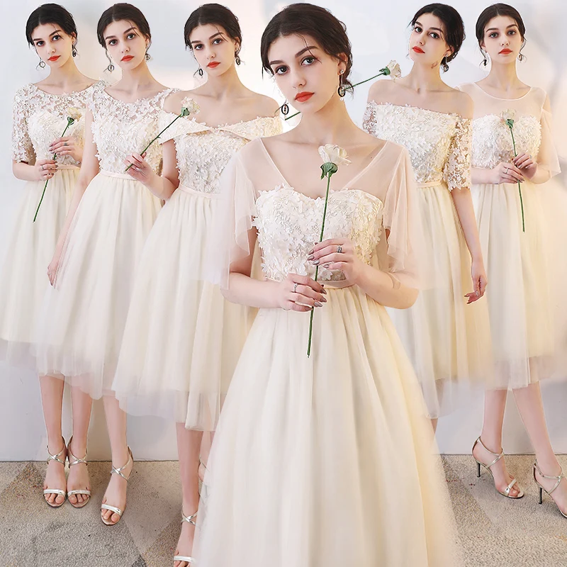 Bridesmaids Dresses Illusion O-Neck Appliques Embroidery Pearls Lace Tulle Off The Shoulder A-Line Women Wedding Party Gown E089 Bridesmaids Dresses Illusion O-Neck Appliques Embroidery Pearls Lace Tulle Off The Shoulder A-Line Women Wedding Party Gown E089