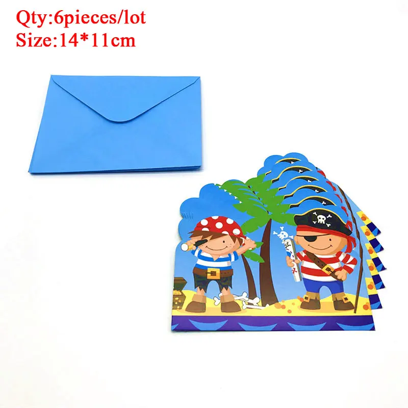 Card-6pieces Маленького пирата вечерние тема для дня рождения Декор пиратский вечерние пластины пригласительный билет чашки синим рисугком скатерть пиратский праздничный комплект поставки - Цвет: Card-6pieces