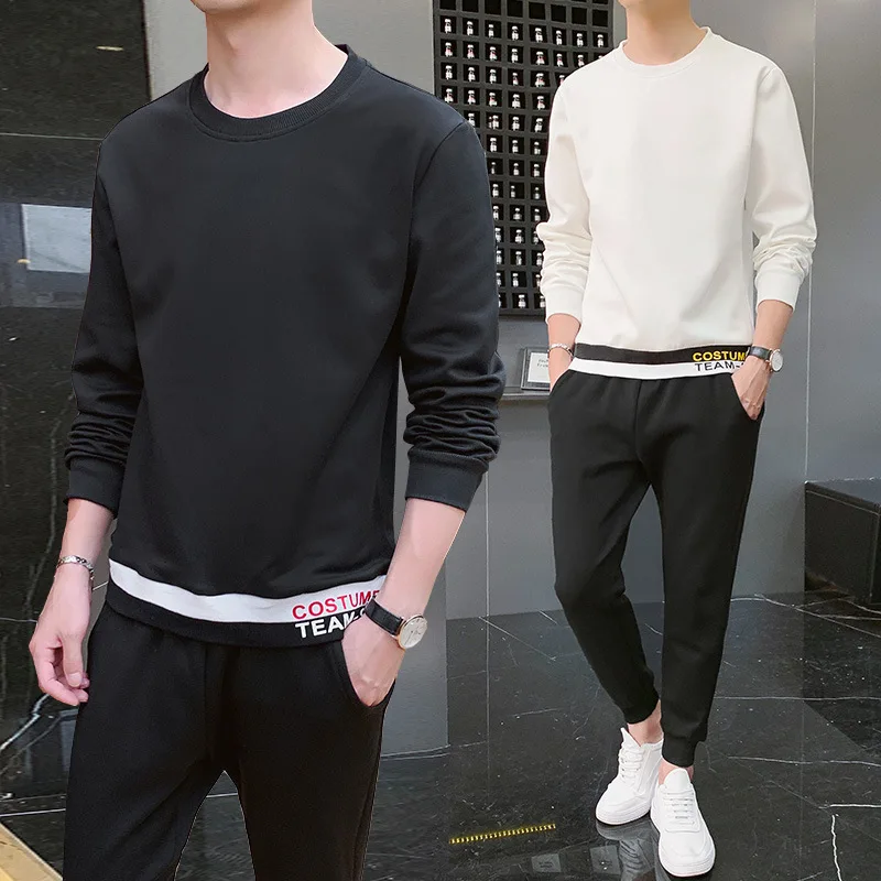 

2019 New Style Solid Color Sports Leisure Suit Men Long Sleeve Round-neck Pullover Long Pants Trend Two-Piece Set