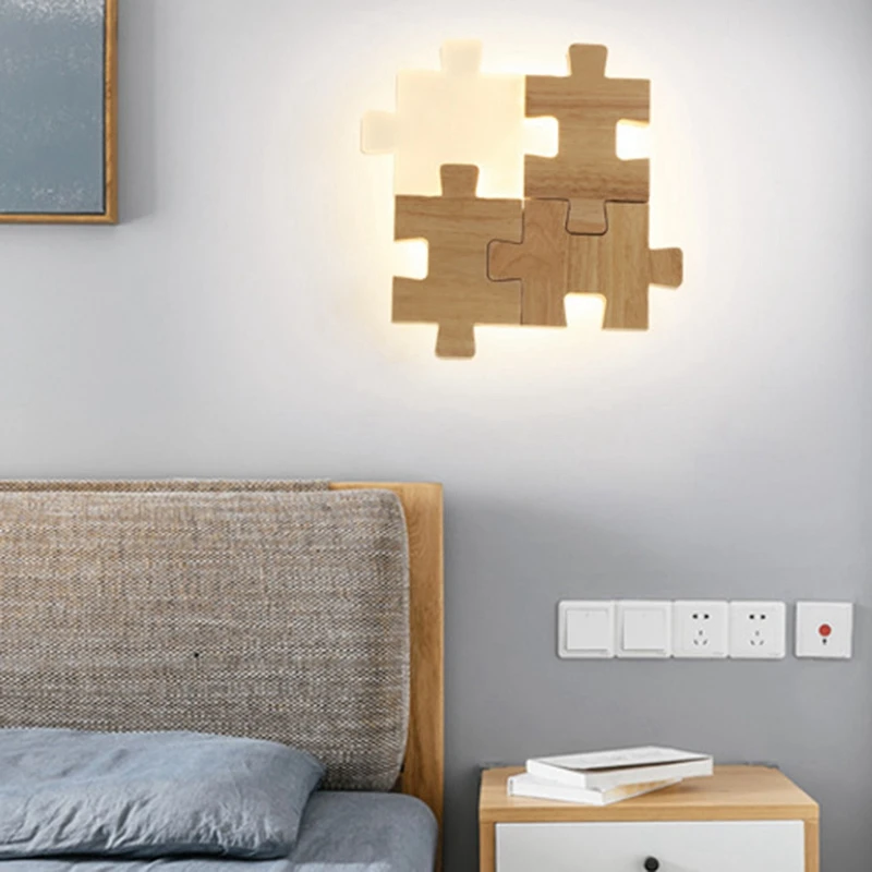 

Wood Bedside Wall Lamp Bed Room Night Light Acrylic Lights Nordic Style Living Room Aisle Light Fixture Creative Geometric Puzzl