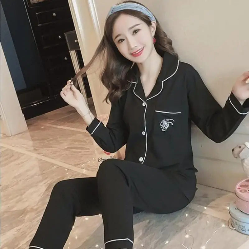 

Set black pajamas long-sleeved pajamas ladies new Korean version of the suit spring and autumn lapel home service thin section