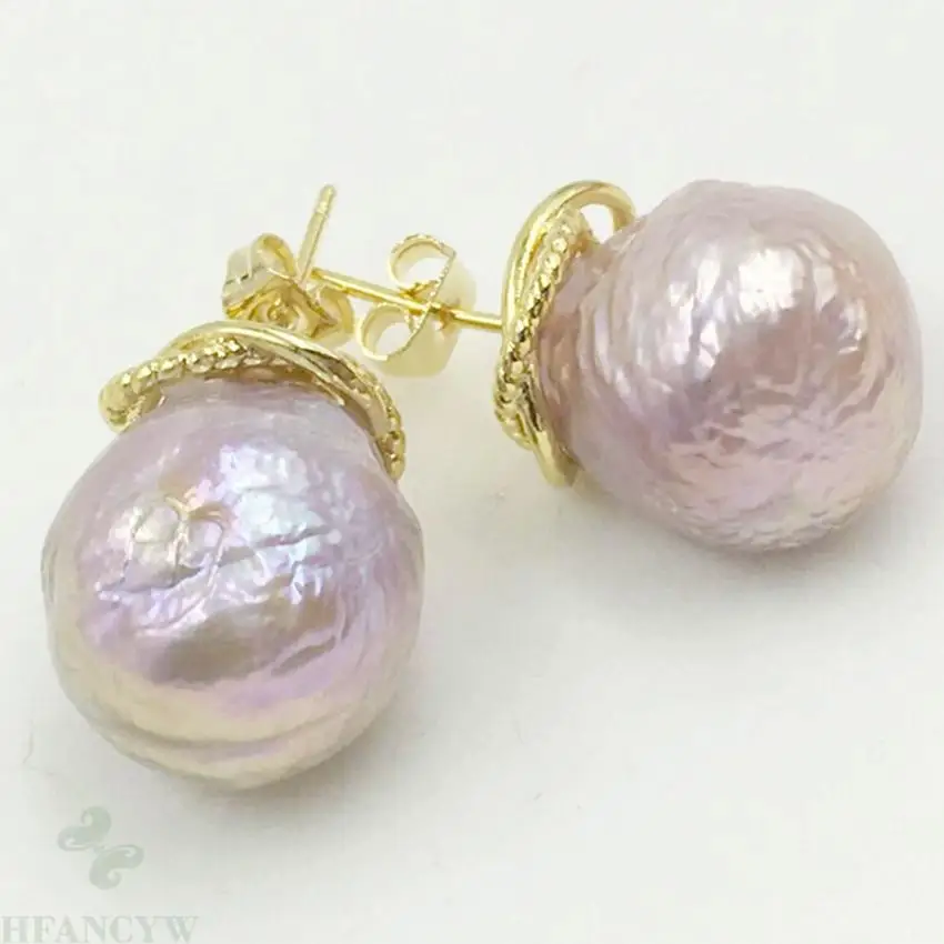 

13-15MM Purple baroque pearl earrings 18K Ear Stud DIY south sea violet natural flawless huge dangle