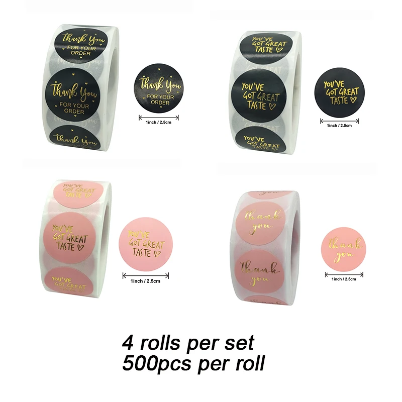 

4 Rolls/Set, 500Pcs/Roll Pink and Black Thank You Stickers 2.5cm Round Bronzing Handmade Stickers Cake Shop Sealing Labels