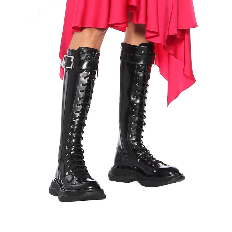 RASMEUP/женские кожаные сапоги до колена; коллекция года; фирменный дизайн; зимние женские сапоги на платформе со шнуровкой; весенняя женская обувь на массивном каблуке