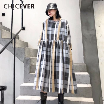 

CHICEVER Korean Plaid Hit Color Dress Women O Neck Three Sleeve Oversize Loose Midi Dresses 2020 Summer Fashion New Clothes
