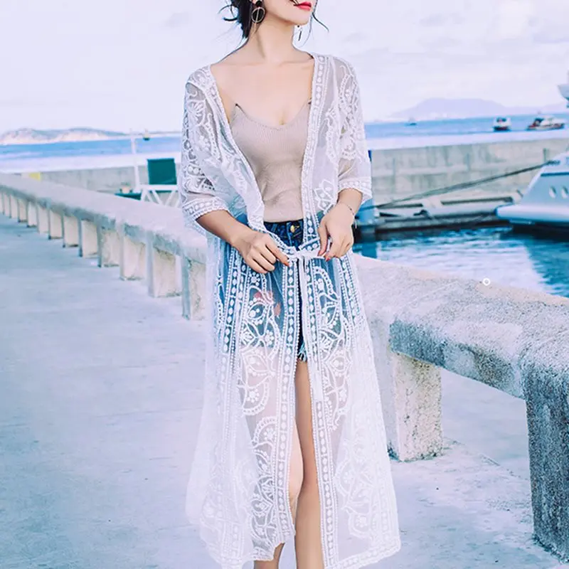 

Sunscreen Trench Coat Sexy Summer White Lace Women White Elegant Floral Crochet Long Female Loose Beach Autumn open stitch