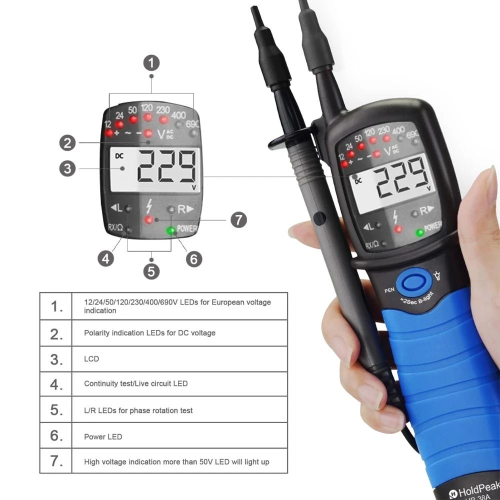 HoldPeak HP-38A LCD 전자 전류 전압 테스터 디지털 자동 전원 끄기 AC/DC, 낮은 배터리 소비