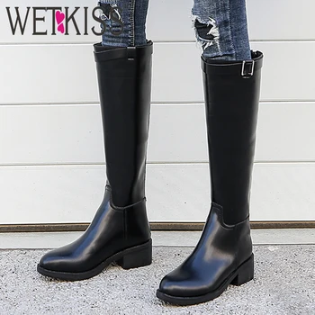 

WETKISS Knee High Boots Women Motorcycle Boot Female Thick Heels Shoes Ladies Round Toe Buckle Shoes Winter 2020 Plus Size 43