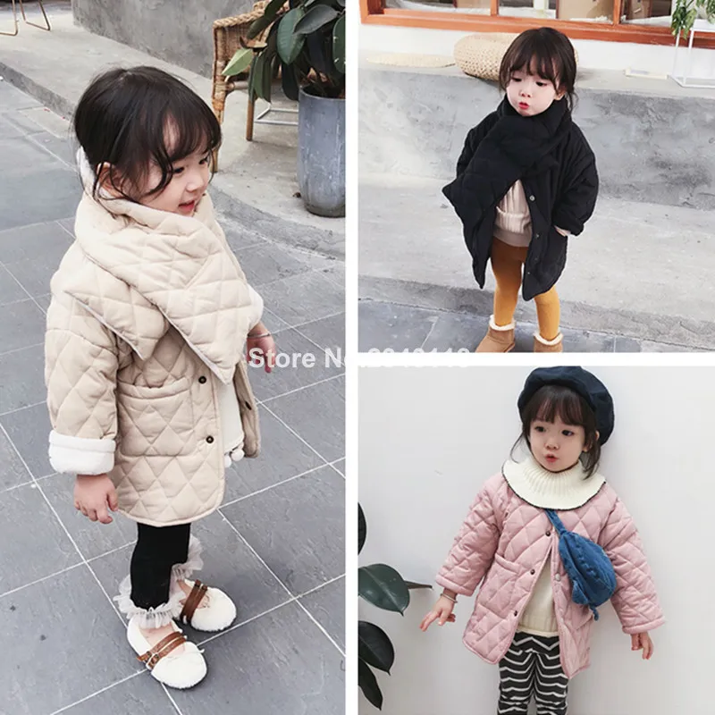 

Girls Winter Fashion Polar Fleece Thicken Single-breasted Long Coats With Neckerchief Kids Warm Long Jackets Outwear Clothing