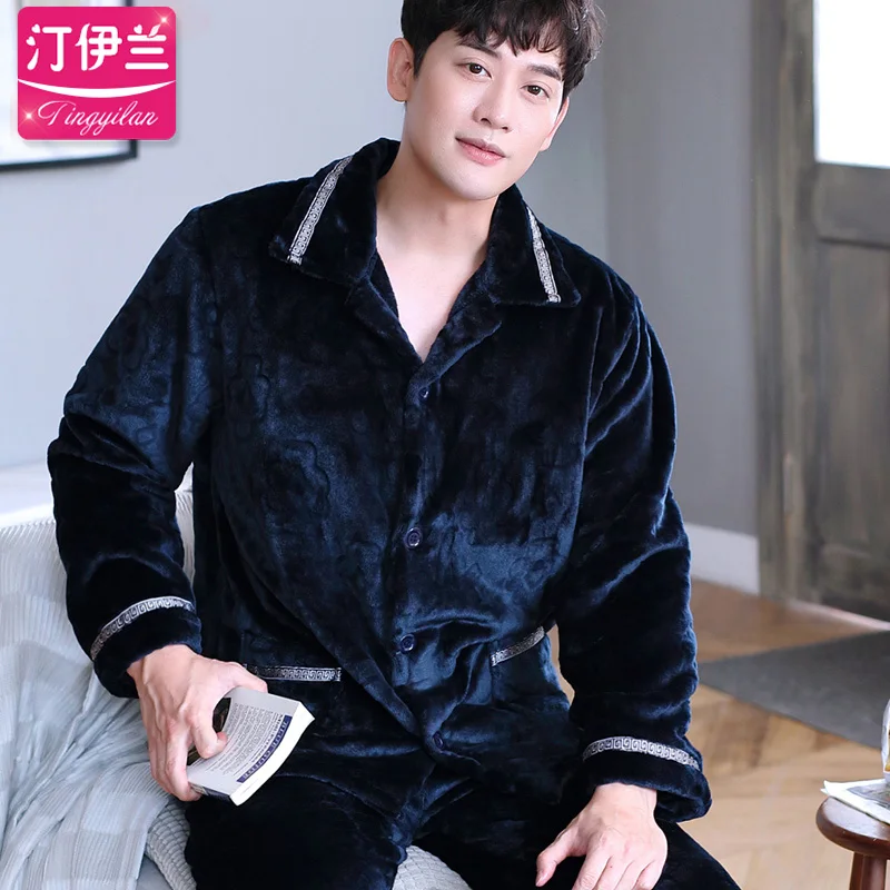 Китайский дракон Пижама мужской кардиган с длинными рукавами Мужская пижама комплект Мужская Толстая теплая Фланелевая Пижама для мужчин костюм для сна домашняя одежда - Цвет: 005