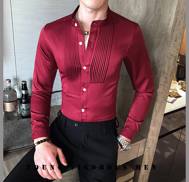Men's Stand Collar Shirts Slim Fit Button Down Dress Formal Casual T-shirt Tops 