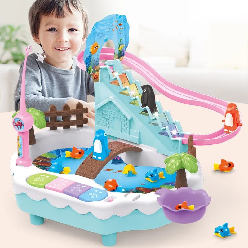 

Penguin Climbing Stairs Magnetic Fishing Toys-in-Music-Light Electric Educational USB Power Supply