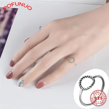 

POFUNUO Fine Jewelry Elegant Screw Thread 925 Sterling Silver Rings Unique Vintage Female All-Match Open Rings Friends Gift Ring
