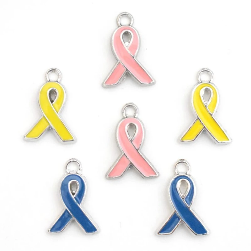 12*17mm Pink Yellow Ribbon Tie Pendant Breast Cancer Awareness Charms Enamel DIY Accessories For Handmade Women Jewelry Necklace - Окраска металла: mixed color