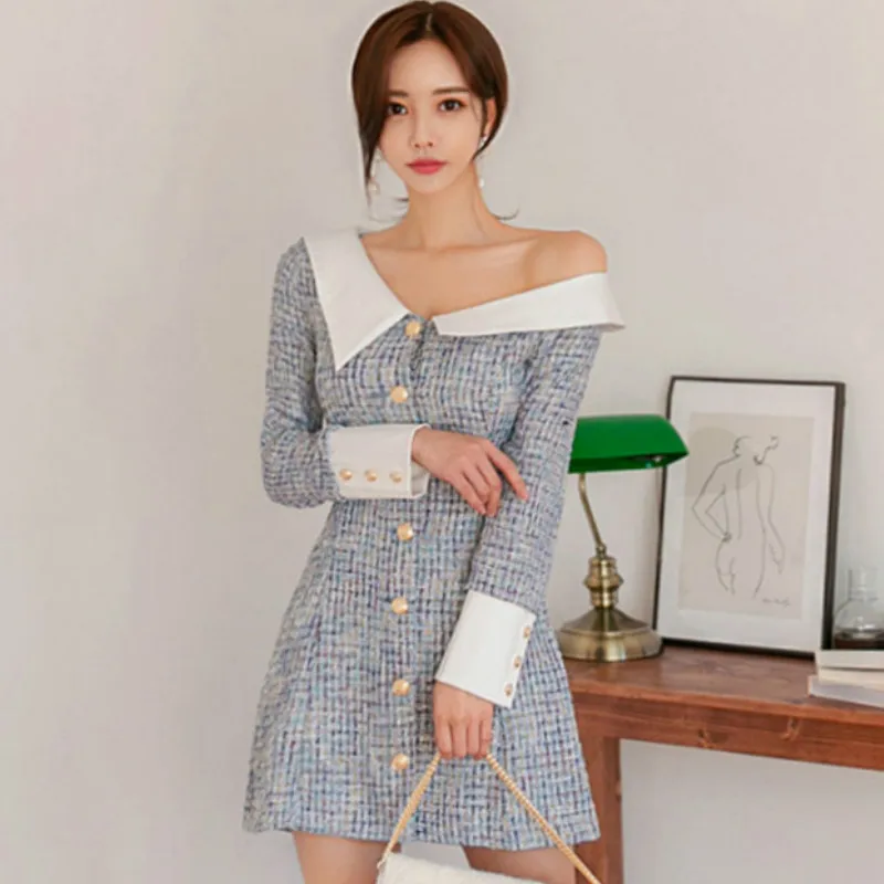 

Autumn A-Line Full Sleeve Single Breasted Vestidos Women V-Neck Mini Think Women Blending Casual Dress