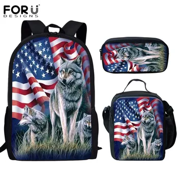 

FORUDESIGNS 3D Wolf with American Flag Design Breathable Canvas Bookbag Set Students High Quality Backpack for Children Mochila