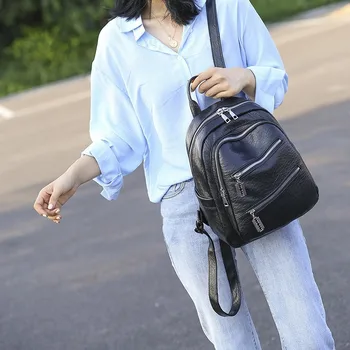 

2019 new women's double zipper backpack fashion soft leather casual outdoor travel backpack