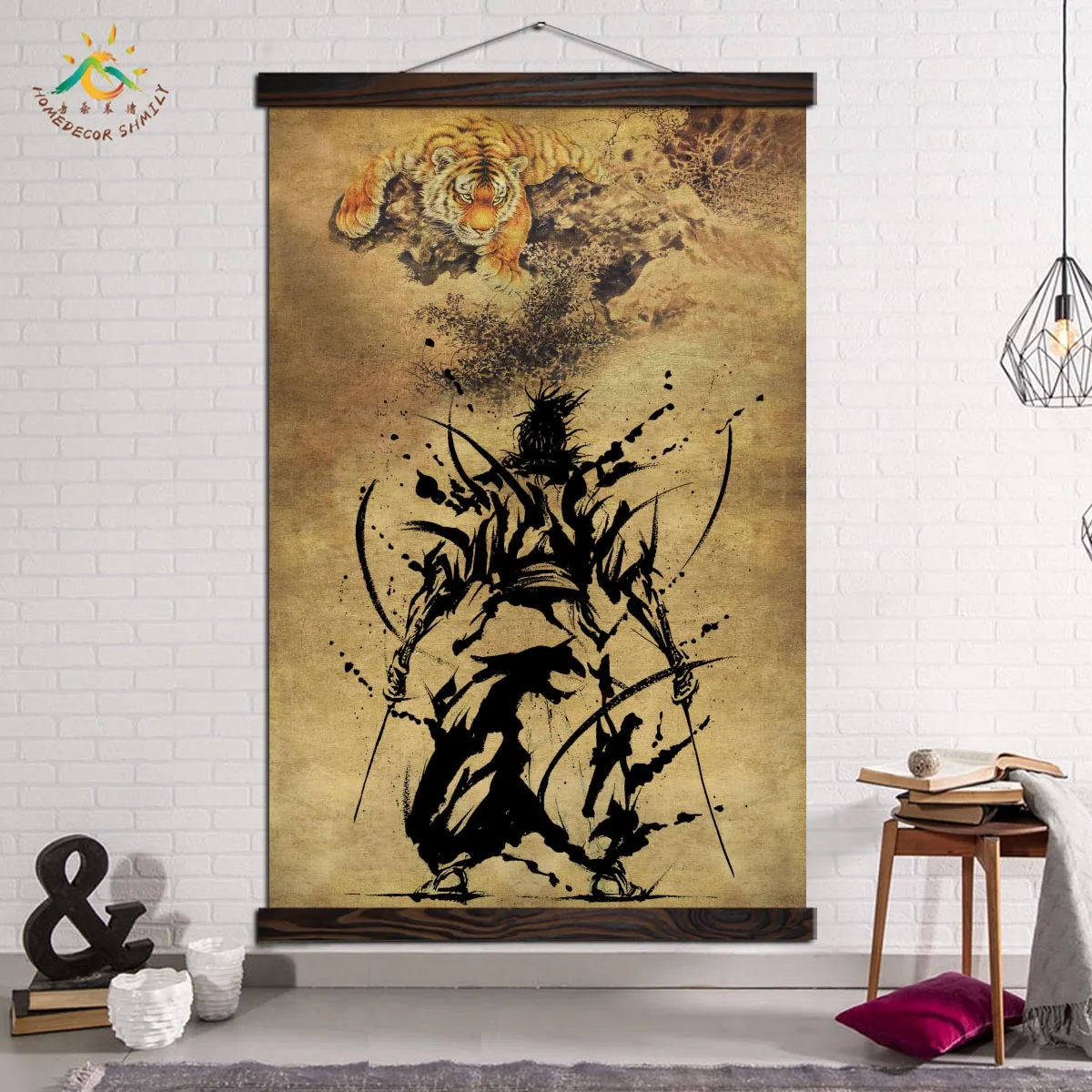 

Japanese swordsman Ancient Tiger Posters and Prints Wall Art Decor Canvas Painting Scroll Frame Wall Picture Home Decoration