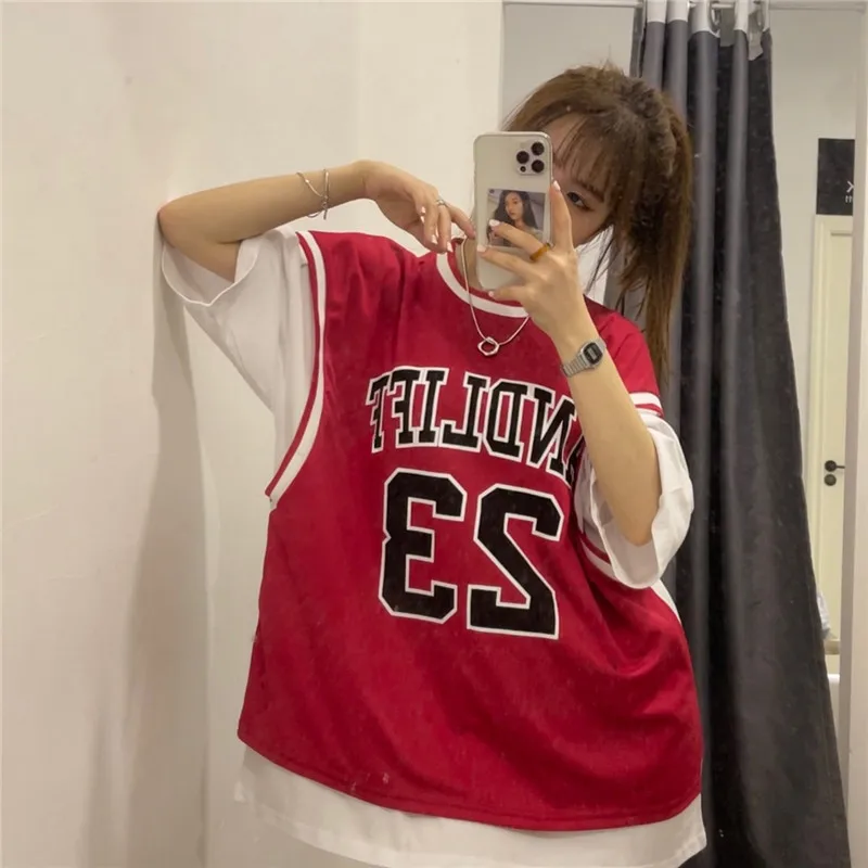 Basketball Jersey Women Loose Oversized Harajuku Sports Style t-Shirt Women  Printed Digital Kawaii Short-Sleeved Fake Two-Piece