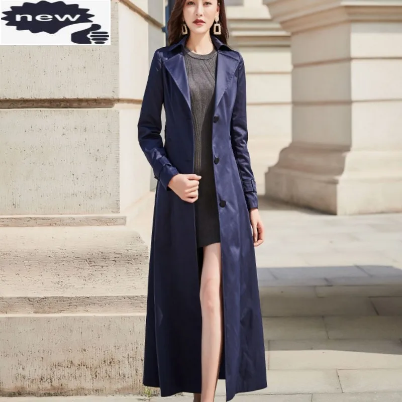 

Women Elegant Slim Fit Ankle Length Long Coat Belted Single Breasted Windbreaker Office Ladies Sashes Outerwear Trench