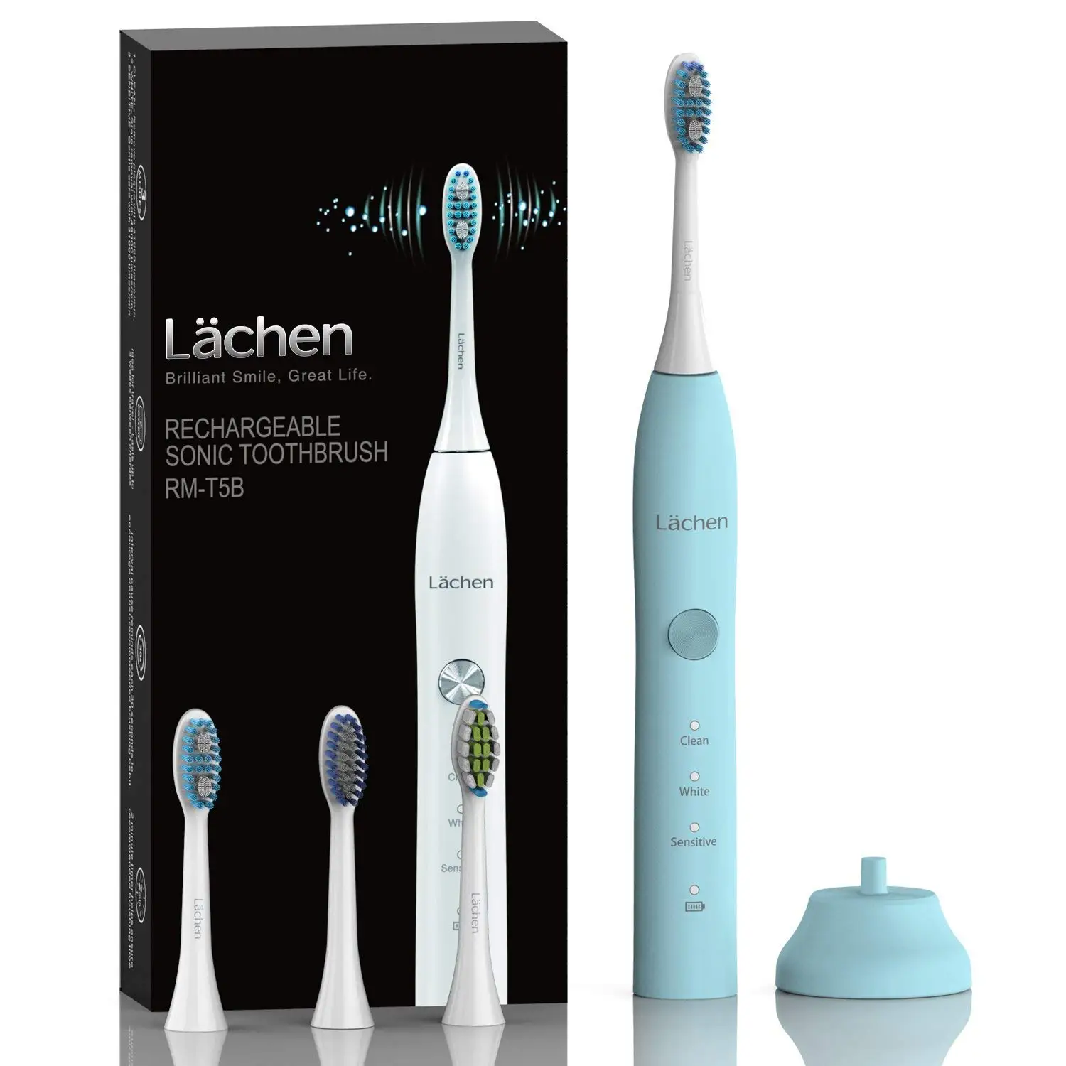 

Lachen T5B Sonic Electric Toothbrush With 4 Brush Heads 3 Modes Timer USB Charging 60 Days Battery Life Waterproof Rechargeable