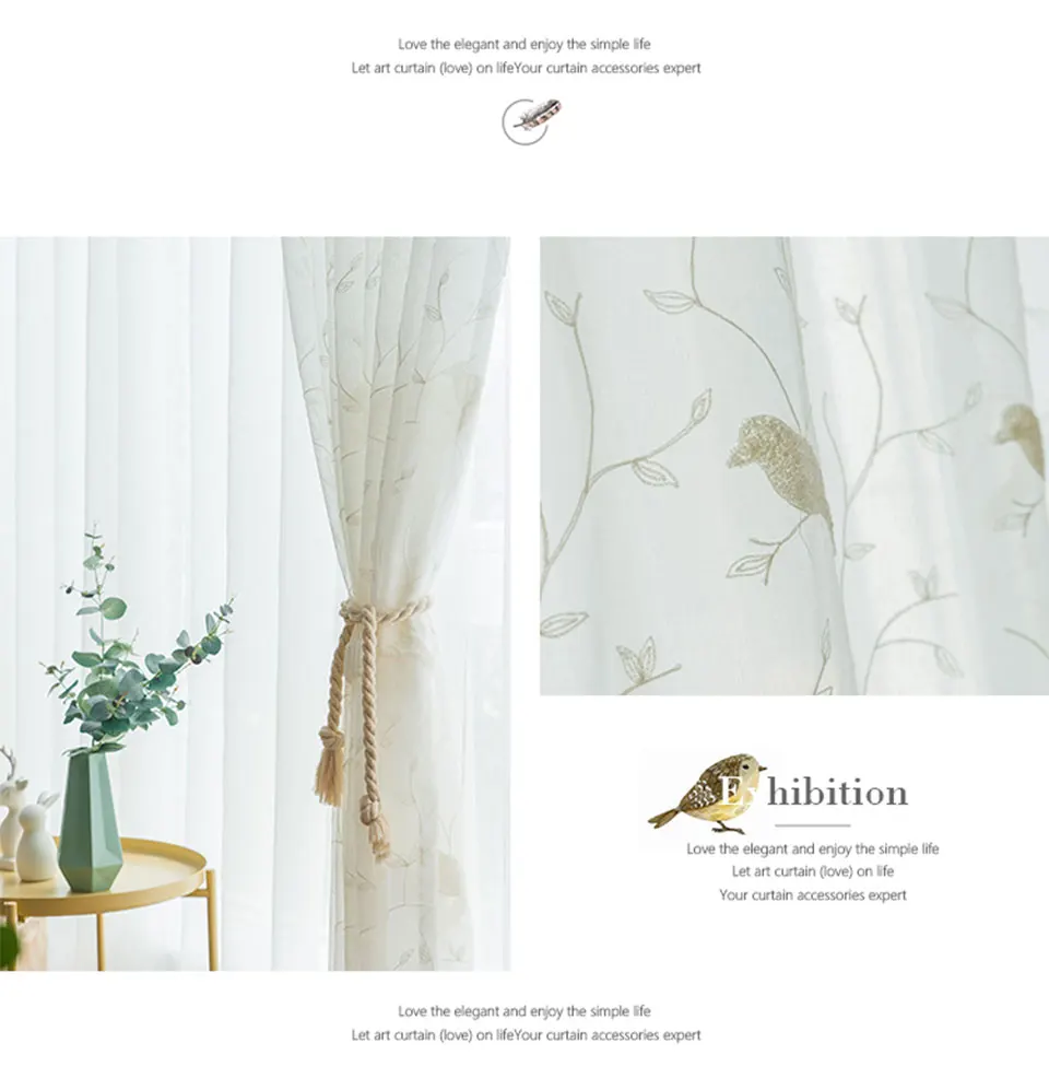 pastoral branco sheer cortinas de voile para sala de estar pássaro cortinas bordadas janela para quarto cortinas de tule para cozinha cego