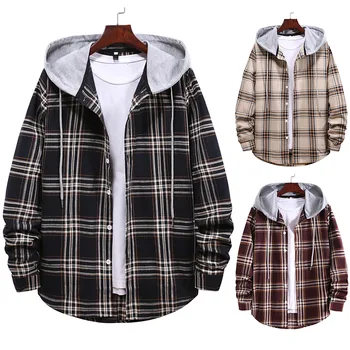 De la moda de los hombres con capucha y manga larga a cuadros camisa de los hombres chaqueta chaquetas de invierno suelto de ocio chaqueta para hombre invierno E1