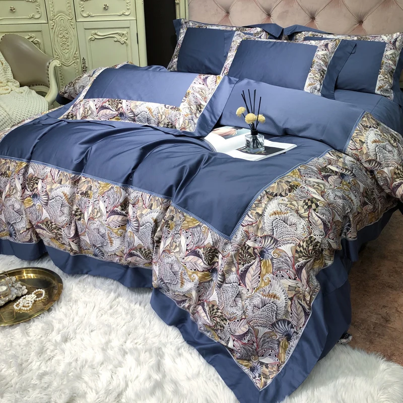 New luxury Digital Printing 100S Egyptian cotton blue Royal Bedding sets Queen King Duvet cover Bed sheet set Pillowcases 4pcs | Дом и сад