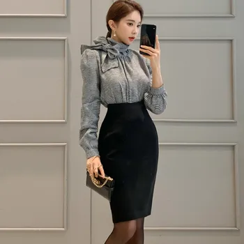

2020 Spring Two Pieces Set Women Plaid Bow Lace-Up Turtleneck Shirt + Bodycon Pencil Skirt Casual Office Lady Two-Piece Set