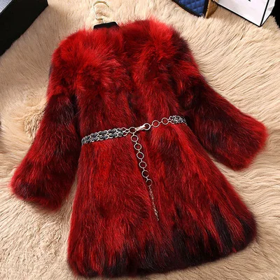 Новые модные женские пальто из натурального меха лисы натуральная Меховая куртка X-Long тонкая теплая зимняя верхняя одежда с кушаком щетка для волос - Цвет: Burgundy 75CM