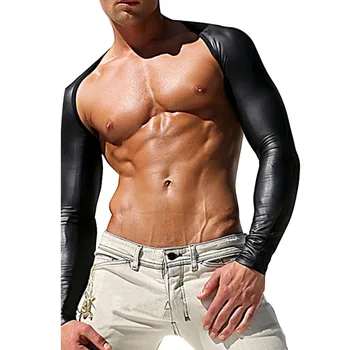 

Sexy Gay Chest Harness Bondage Mesh PU Leather Long Sleeve Costume Arnes Hombre Latex Wetlook Harnas Tops Clubwear Plus Size
