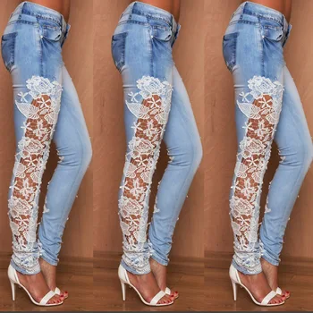 

Women Denim Pants Stretch Lace Floral Side Spliced Denim Trousers Hollow Out Slim Pencil Pants Women Jeans Femme Pantalo